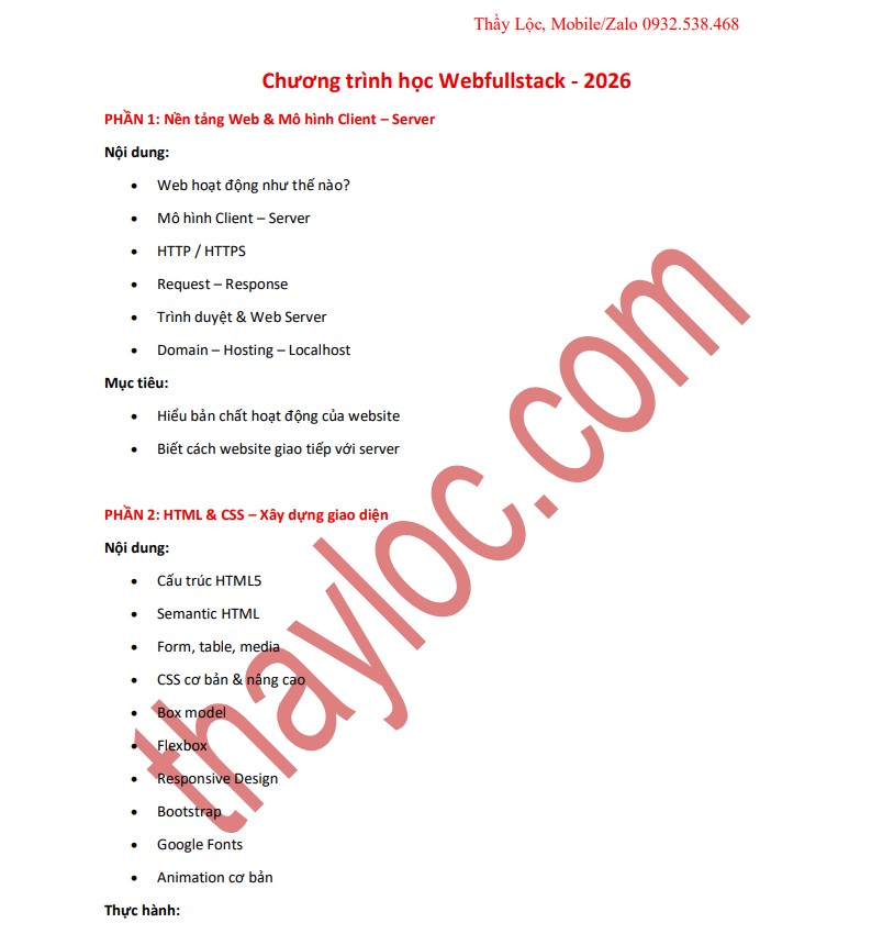 Thầy Lộc - Chương trình lập trình web fullstack